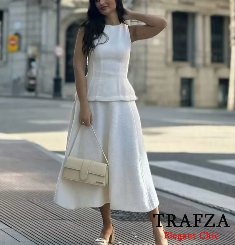 TRAFZA Women Elegant Beige Skirt Set Sleeveless Tank Top and A-line Maxi Skirt New Fall Winter High Street Vacation Skirt Set