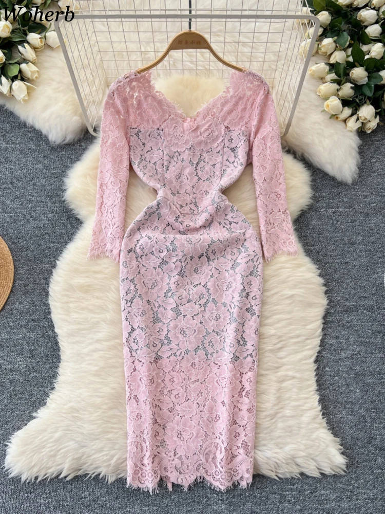 Pink Lace New Dresses for Women 2024 Vestidos De Mujer Long Sleeve V-neck Tunic Robe Femme Slim Waist Hollow Out Jacquard Dress