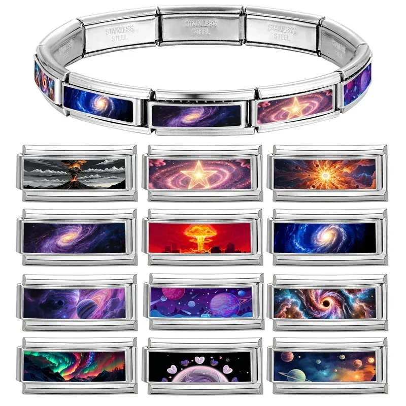 Colorful Volcanic Eruption Black Hole Galaxy Planet Star Fit 9mm Italian Charms Bracelet Stainless Steel Jewelry DIY Making Gift