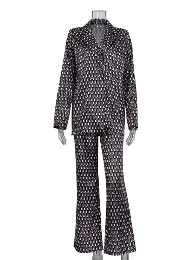 Set di abiti in raso da ufficio da donna autunno inverno 2023 set di pantaloni da 2 pezzi stampati con scollo a V a maniche lunghe per donna