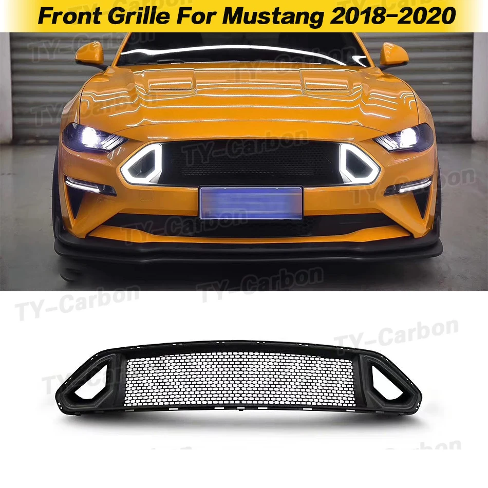 Front Grill Grille For Ford Mustang 2018-2021 RTR Style Bar Black Replacement Car Bumper Vent Hood Mesh Cover White LED Light