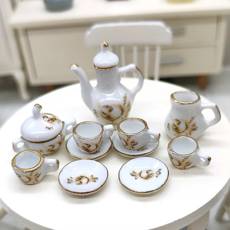 New-11Pcs Dollhouse Miniature Ceramic Tea Set Model 1:12 Brown Rose Teapot Wine Set Tableware Mini Tea Cup Wine Glass Decor Toy