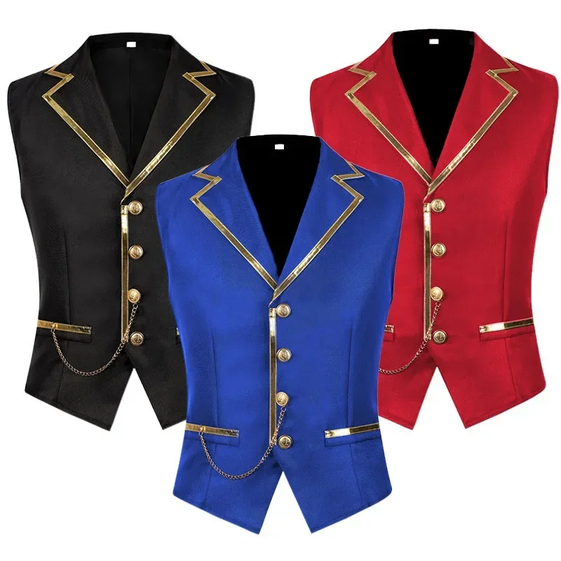 Men Lapel Waistcoat with Gold Trim & Decor Chain, Slim Fit Sleeveless Stage Vest, Formal Party Performance Outerwear