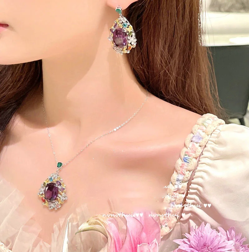 2024 Women Rainbow wreath Gemstone Necklace 18K Gold Plating Grape Purple Zircon Flower Ring Earrings