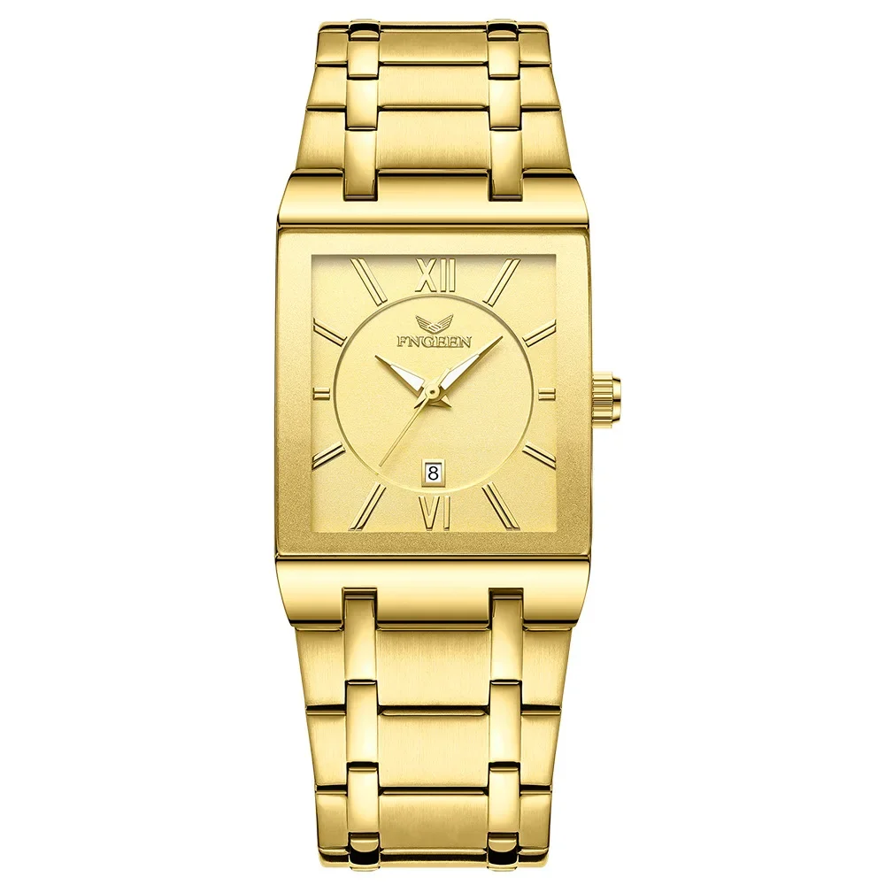 FNGEEN Business Men's Watch Waterproof Calendar Men's Square Watch Stainless Steel Mesh Band Quartz Watch Suitable for Men