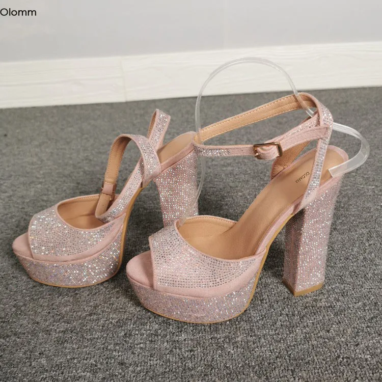 

Olomm New Women Platform Rhinestone Sandals Sexy Square High Heel Sandals Nice Open Toe Pink Party Shoes Women US Plus Size 5-15