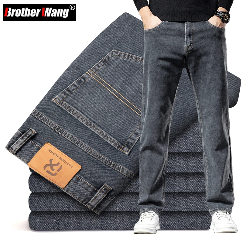 Plus Size 40 42 44 New Autumn Men\'s Blue-grey Straight-leg Jeans Business Casual Cotton Stretch Denim Pants Male Brand