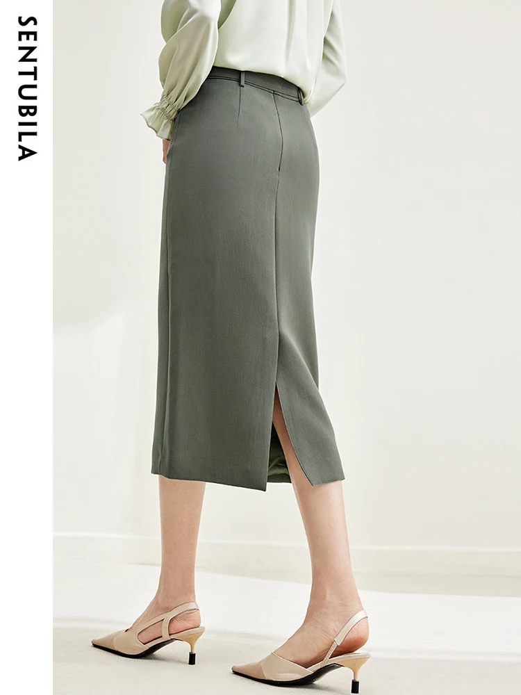 SENTUBILA Office Lady Slit Midi High Waist Skirt Women Spring Autumn New Slim Elegant Hip Pleated Pencil Skirts Woman 133Q51001