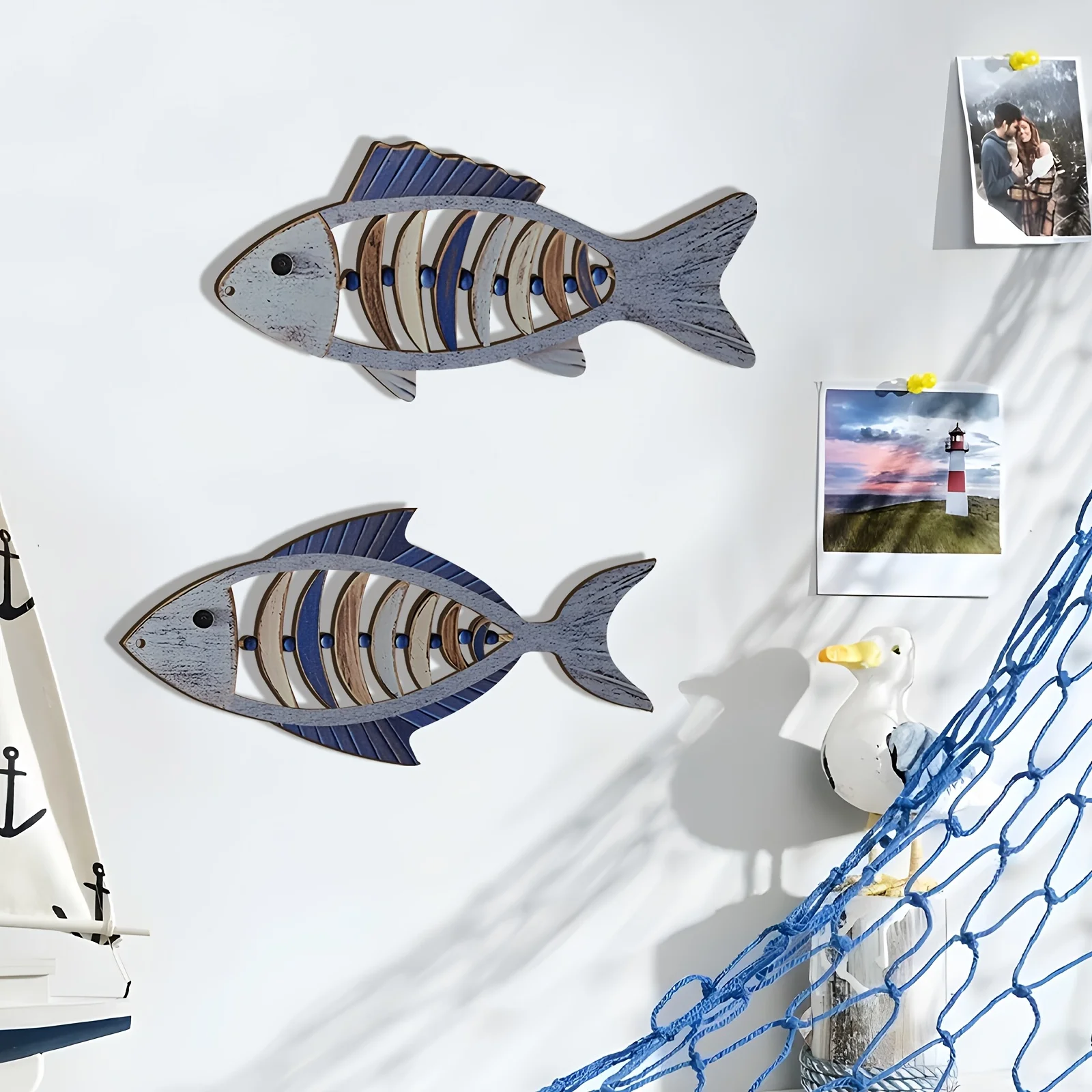 Retro 1PCS 2D Wooden Wall Decor Nautical Ocean-Theme Art Blue Fish Group for Bathroom Garden Home Pendant Summer Festival Gift