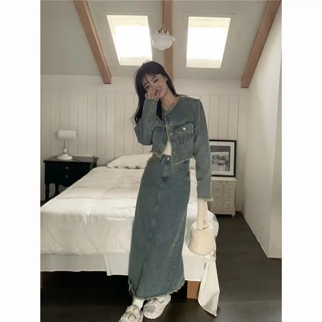 Gonna cappotto di jeans da donna set da 2 pezzi capispalla con nappe retrò giacca a maniche lunghe autunnale gonna di jeans a vita alta abiti da