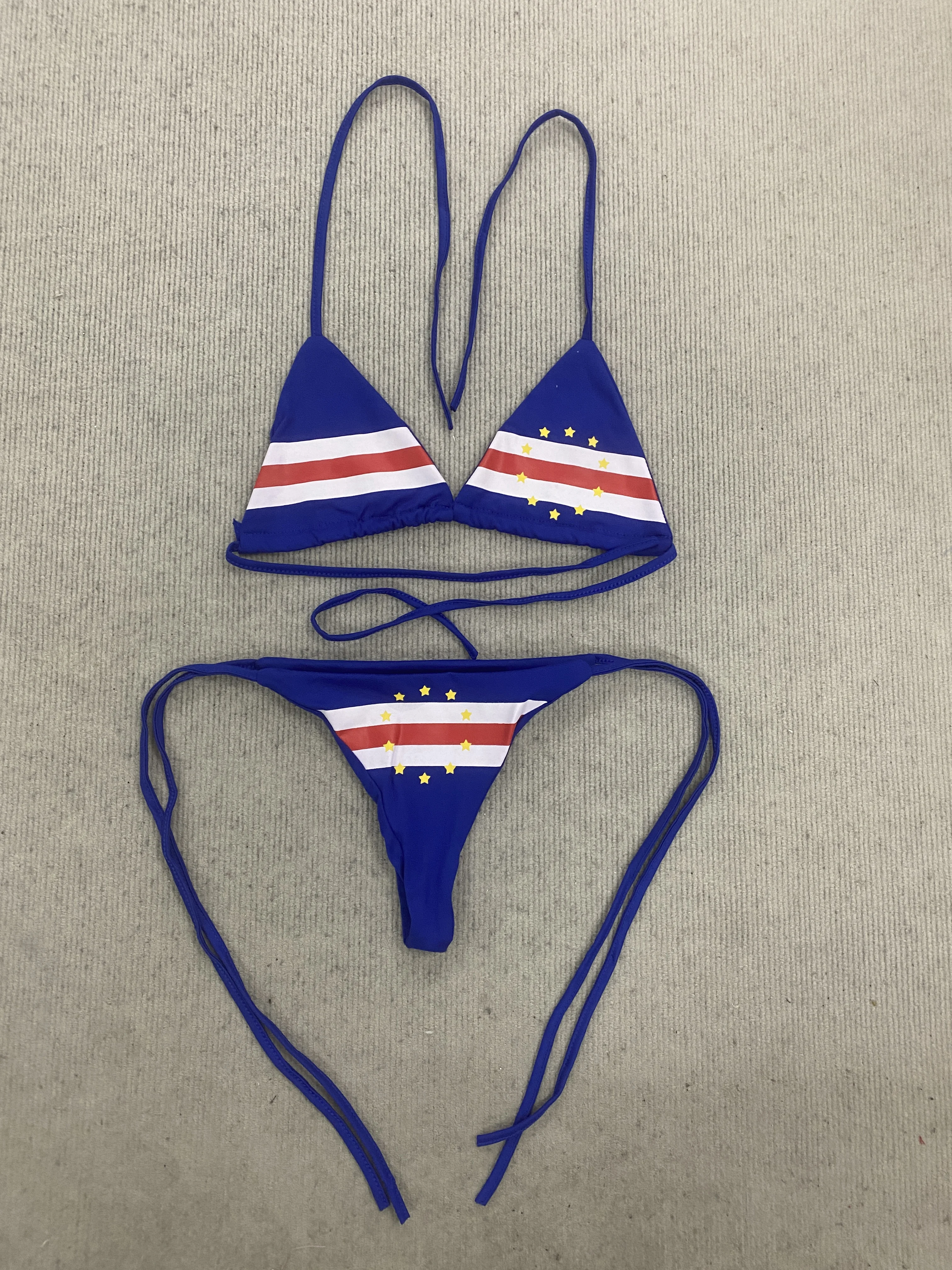 European And American Beach Holiday Swimwear Lace-Up Design Blue White Red Star Bikini