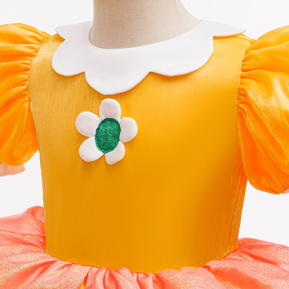 Mädchen Kurzarm-Partykleider Prinzessin Daisy Kostüm Anime Pfirsichgelbes Kleid für Kinder Halloween Karneval Geburtstags-Outfits – Detail 6