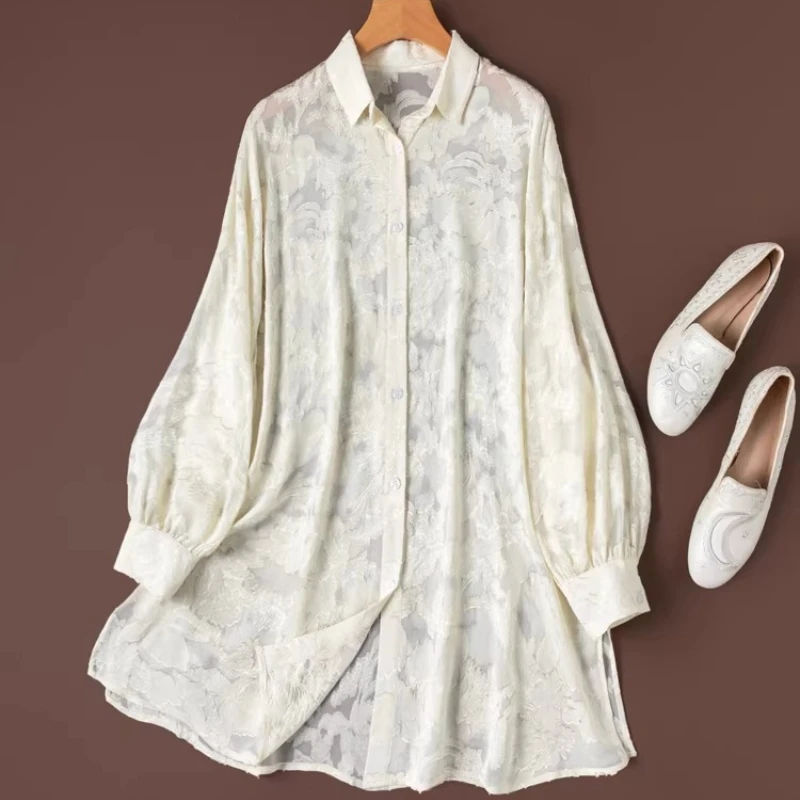 

TAJIYANE 100% Real Mulberry Silk Shirt Women Midi Length Oversized Blouse Long Sleeve Spring Tops for Woman Clothes 2026 Рубашка