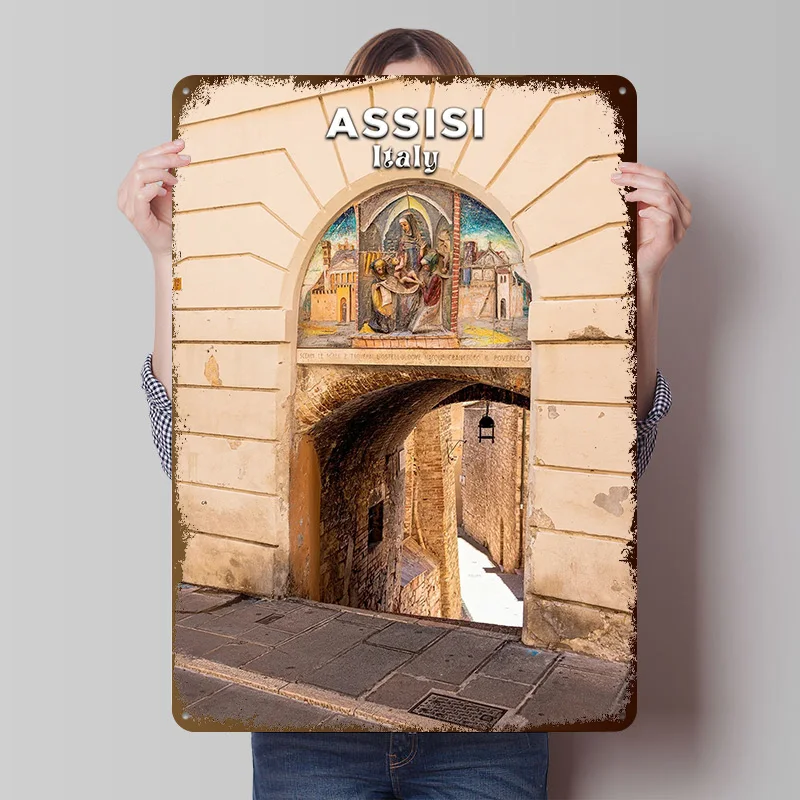 Assisi Italy: Historic Archway and Street Poster Customized Vintage Metal Signs Wall Art Retro Tin Plaque for Home Decor Items