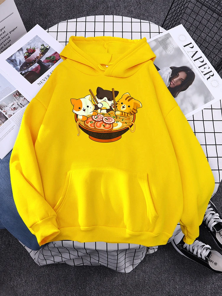 Anime Cats Eating Japanese Ramen Noodles Mens Hoody Street Simple Sweatshirts Daily Creativity Outerwear Street Hat Rope Sweat