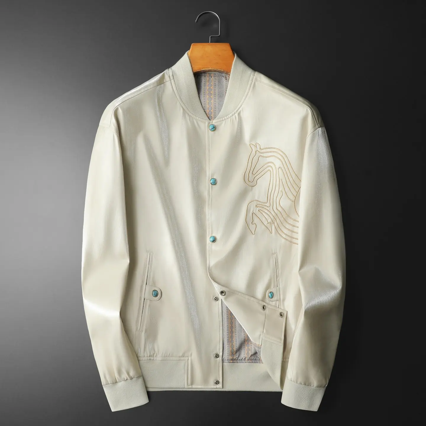 

Мужская демисезонная куртка-бомбер с вышивкой лошади, ветрозащитная, для повседневного и делового стиля, уличная мода