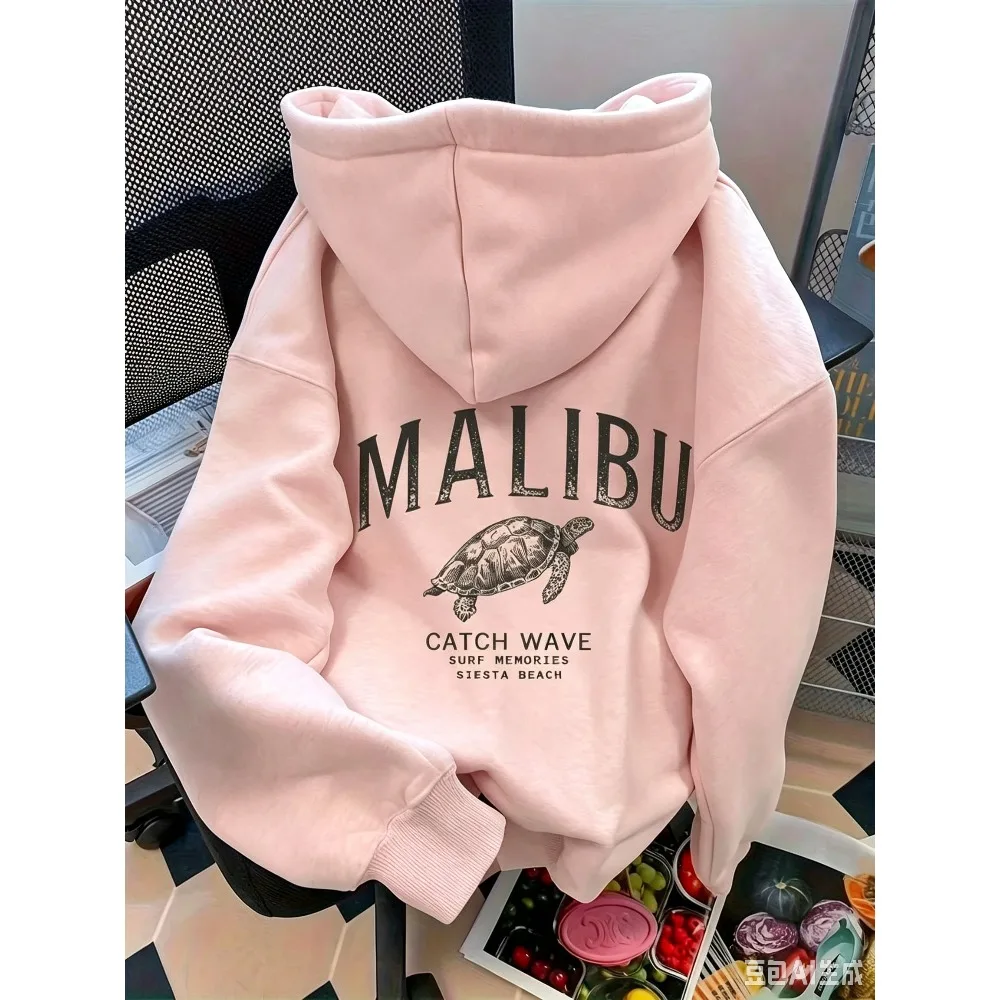 2026 Autumn MALIBU Turtle Print Pullover Hoodie Oversized Long Sleeve Sweatshirt Casual Streetwear Loose Hooded Tops for Unisex