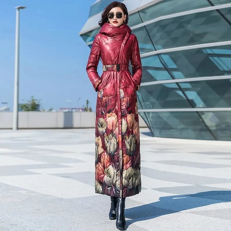 Thickened cotton coat Women\'s new long knee length hooded pattern bright cotton coat in autumn and winter 2022