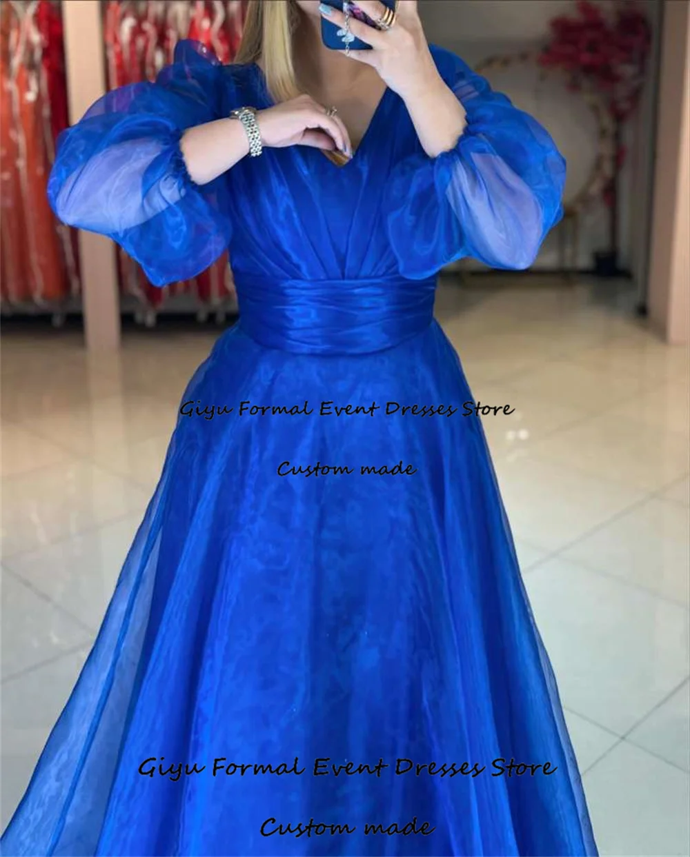 Giyu A-Line Deep V-Neck Evening Gown Dress Blue Full Sleeve Floor-Length Prom Dress Vestidos De Fiesta Elegantes Para Mujer 2024