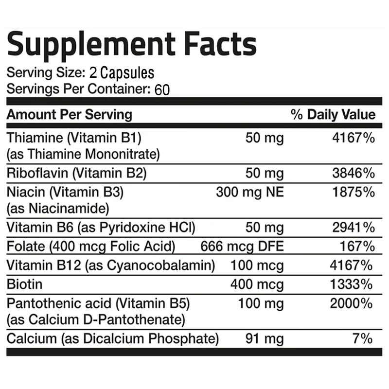 Suplemento complejo de vitamina B de primera calidad, ayuda a la digestión y libera energía, apoya la salud de la piel y los ojos, 120 cápsulas