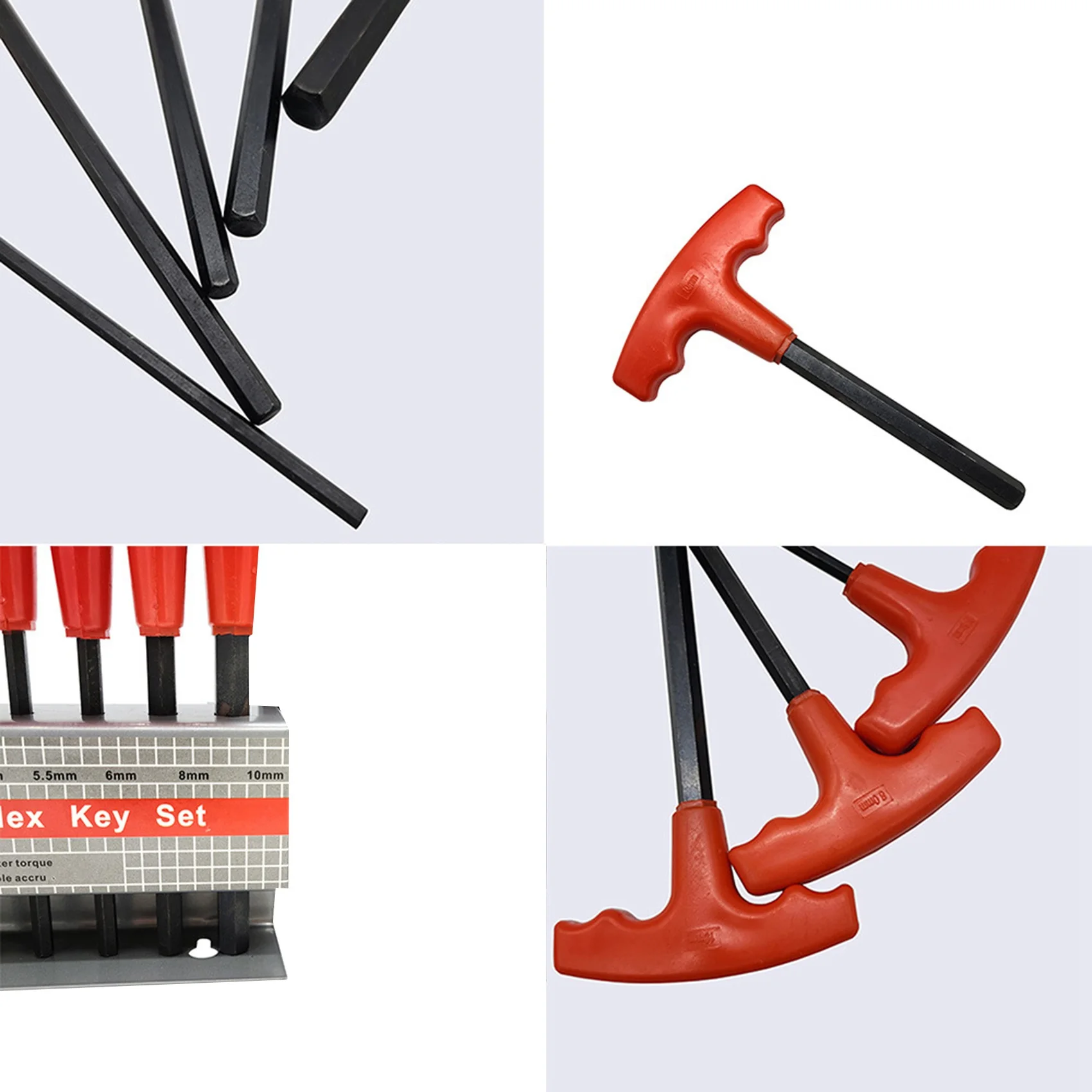 10-Piece Set H2-H10 T-Shaped Flat Head Metric Red Hex Key with Iron Frame