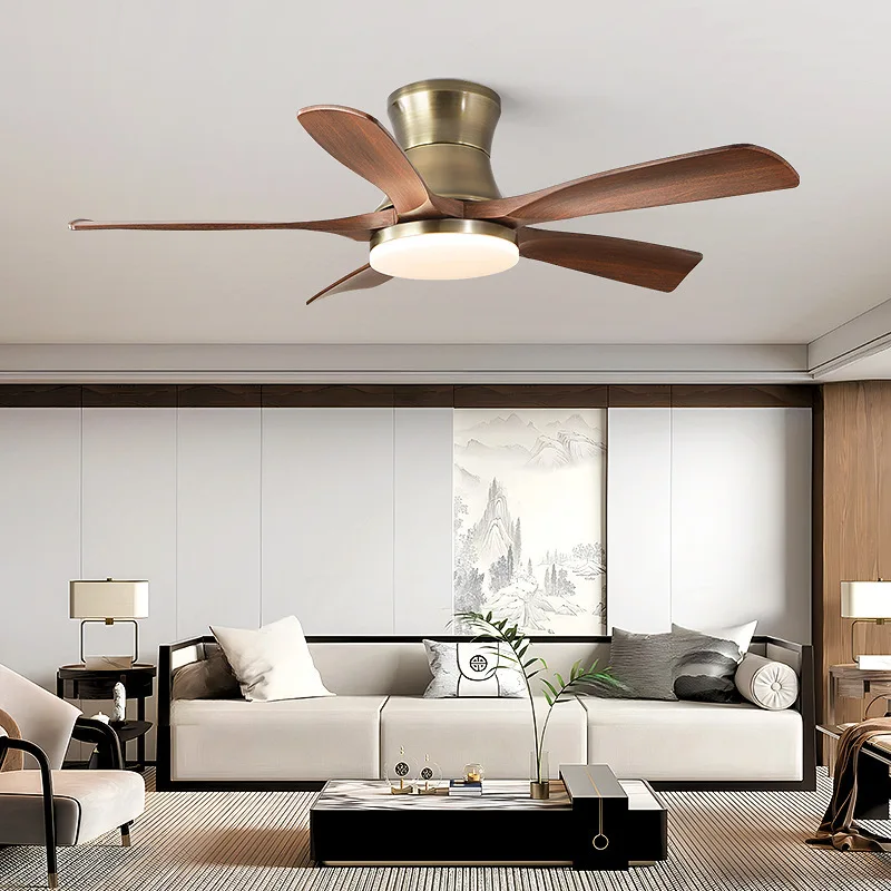 Ceiling Fan Light for Restaurant Bedroom Modern Retro Walnut Grain Silent Variable Frequency Integrated Fan Light