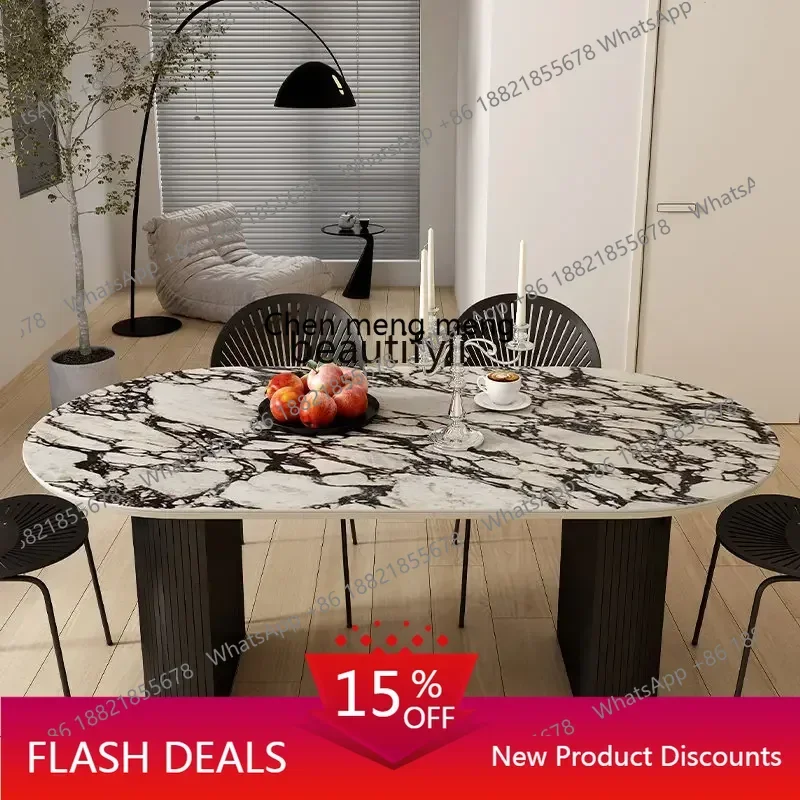 

French Marble Dining-Table Calacatta Purple Rock Plate Light Luxury and Simplicity Ellipse Dining Table