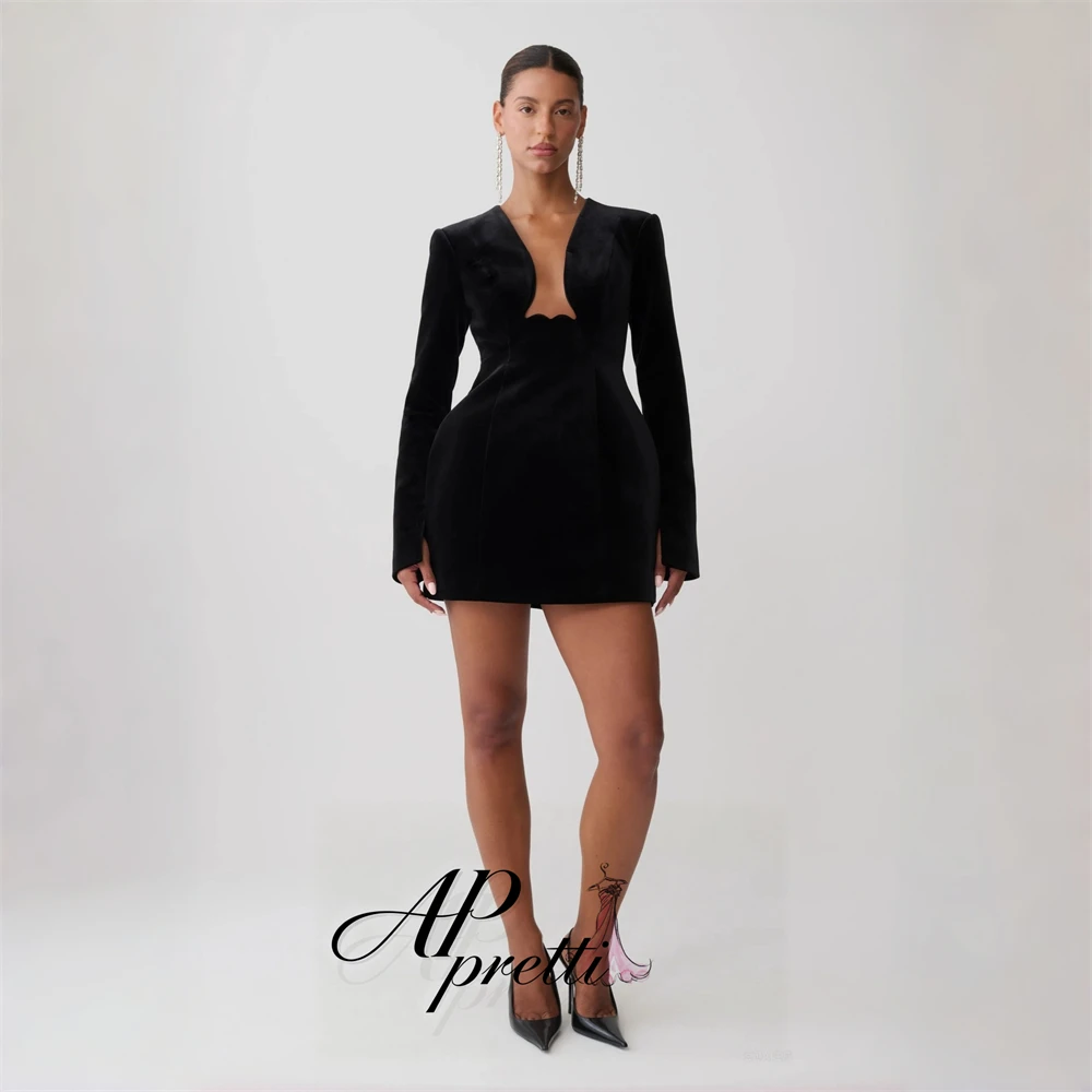 AP pretti Elegant Black Velvet Deep V Neck Mini Dress Evening Dress Customized Long Flare Sleeve Bodycon Short Formal Party Gown