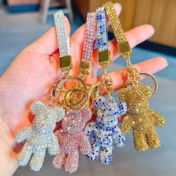 High Quality Rhinestone Animal Keychain Leather Strap Bear Pendant  Rhinestone Keyring Women Girl Car Bag Pendant Key Chains