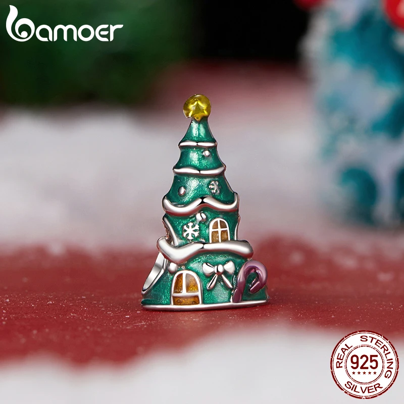 BAMOER 925 Sterling Silver Xmas Tree House Charm Bead fit Original Bracelet DIY Bamoer Charm for Jewelry Making Christmas Gift