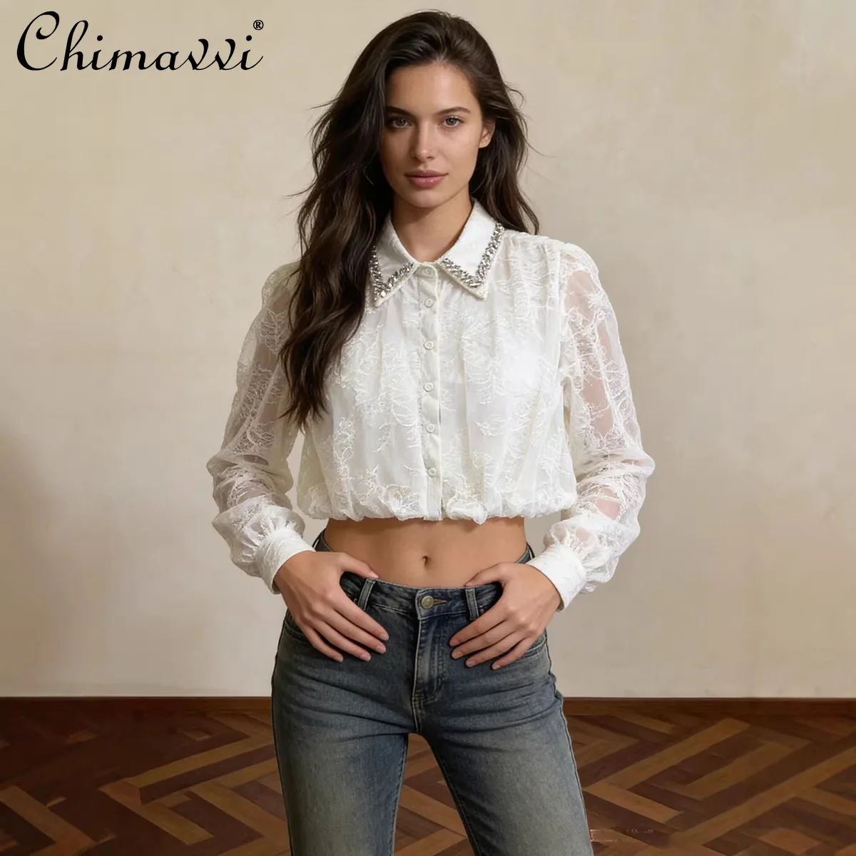 

Spring 2026 French Elegant Diamond Lapel Long Sleeve Single-breasted Temperament Versatile Cropped Lace Shirts Blouse for Women