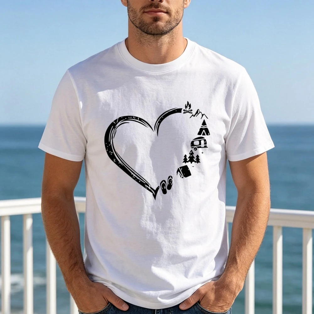 Heart Shape Camping Graphic Tshirt Tent Bonfire Love Nature Outdoor Minimalist Unisex Cotton Tops Adventure Streetwear Tees Tops