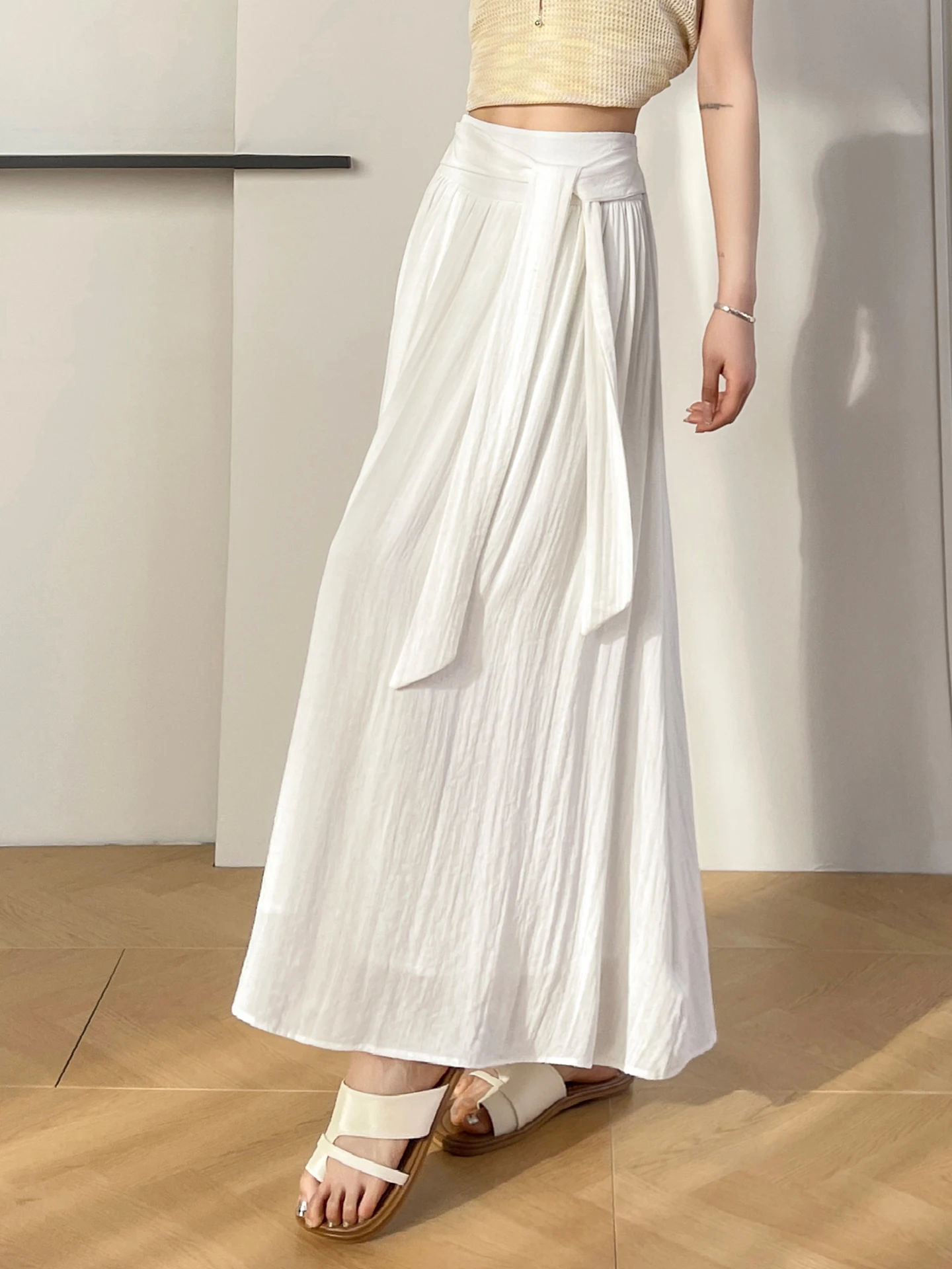 High Waist A-Line Midi Skirt Women's Summer Cotton Linen Ice Silk Belted Lazy Draping Elegant Long Skirt Korean Style Commute