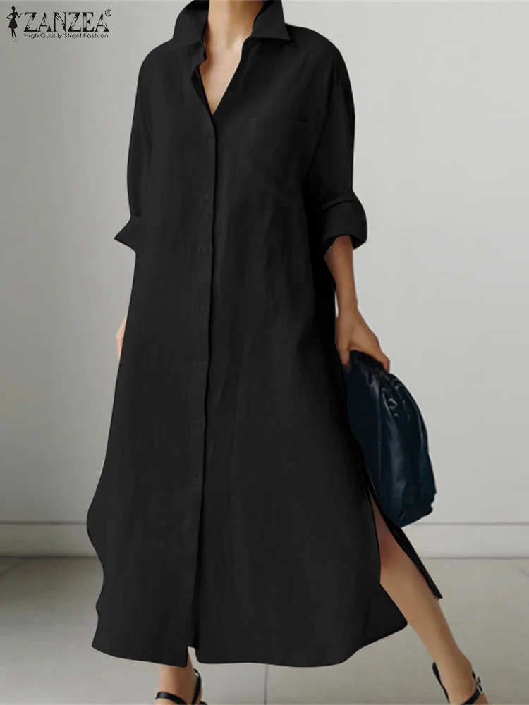 ZANZEA Fashion Solid Color Dress Lapel Neck Long Sleeve Shirtdress Spring Women Elegant Loose Vestidos Vintage Loose Maxi Robe