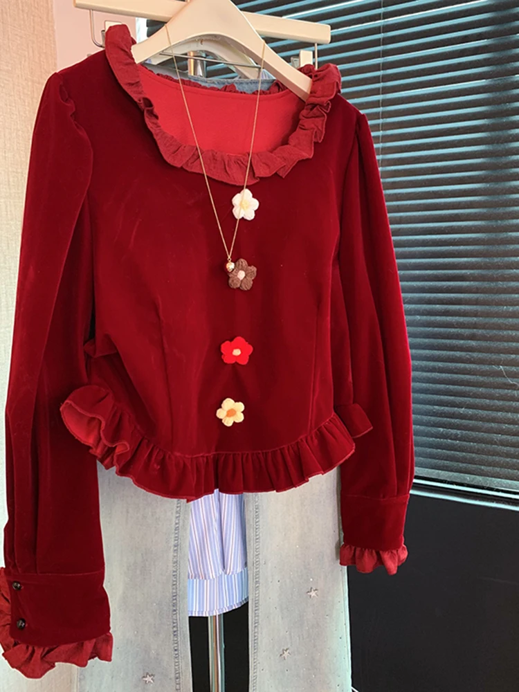 

Velvet irt Women's Doll Collar Red Top with 3D Flower Embroidery French Sle Long Sve Straight Cut Ci Walk Suitable