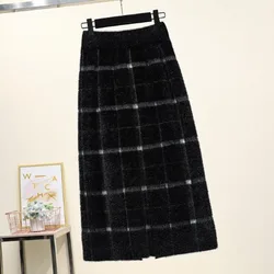 Autumn and Winter Women's Spliced Checkered Knitted High Waist Midi A-Line Split Hip Bag All-match Fashion Office Lady Skirt