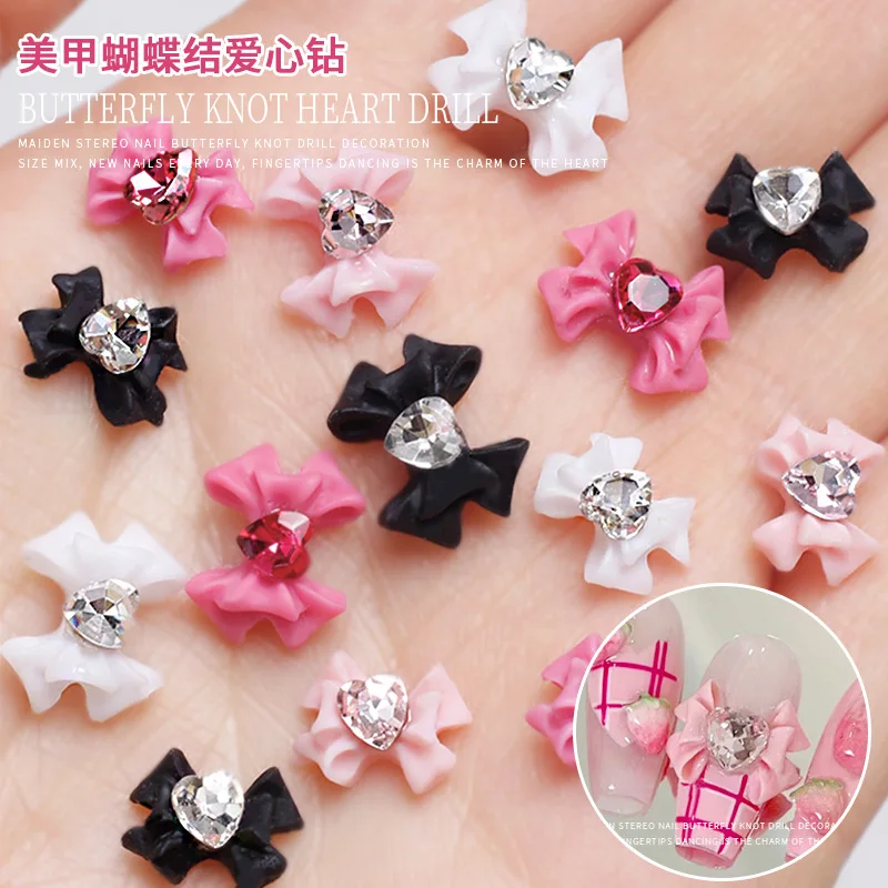 10pcs Pink Ribbon Rhinestones Nail Charms Y2K Ribbon Bowknot Manicure Parts Resin 3D Diamond Heart Bow Knot Nail Art Decoration