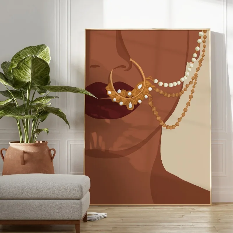 Abstract South Asian Indian Black Women Poster Tamil Girl Canvas Painting  Boho Wall Art Modern Girls Room Home Decor Mural