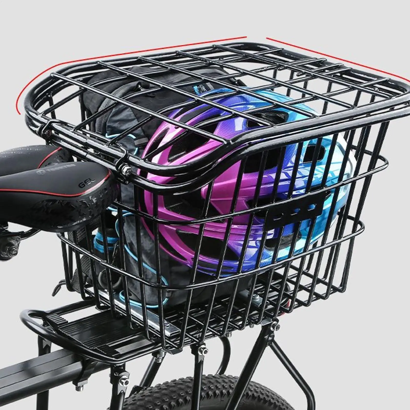 Mountainbike-Gepäckträgerkorb aus Metall, großer Fahrrad-Heckkorb, Fahrrad-Heckablage, Schulranzen-Fahrrad-Aufbewahrungskorb für Taschen, Rucksäcke und Lasten – Detail 9