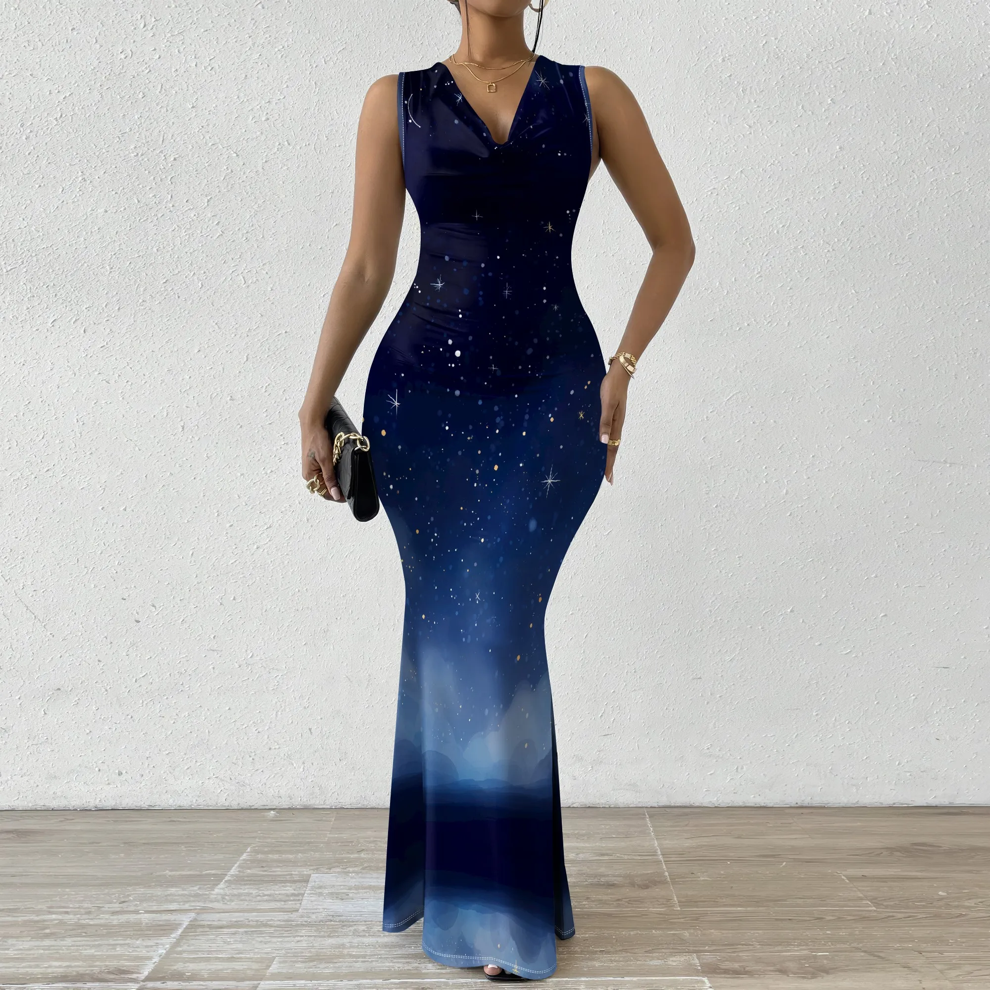 

Starry Night Sky Print Maxi Dress XS-2XL Sleeveless V-Neck Bodycon Style for Holiday Dinner, Stargazing or Evening Date