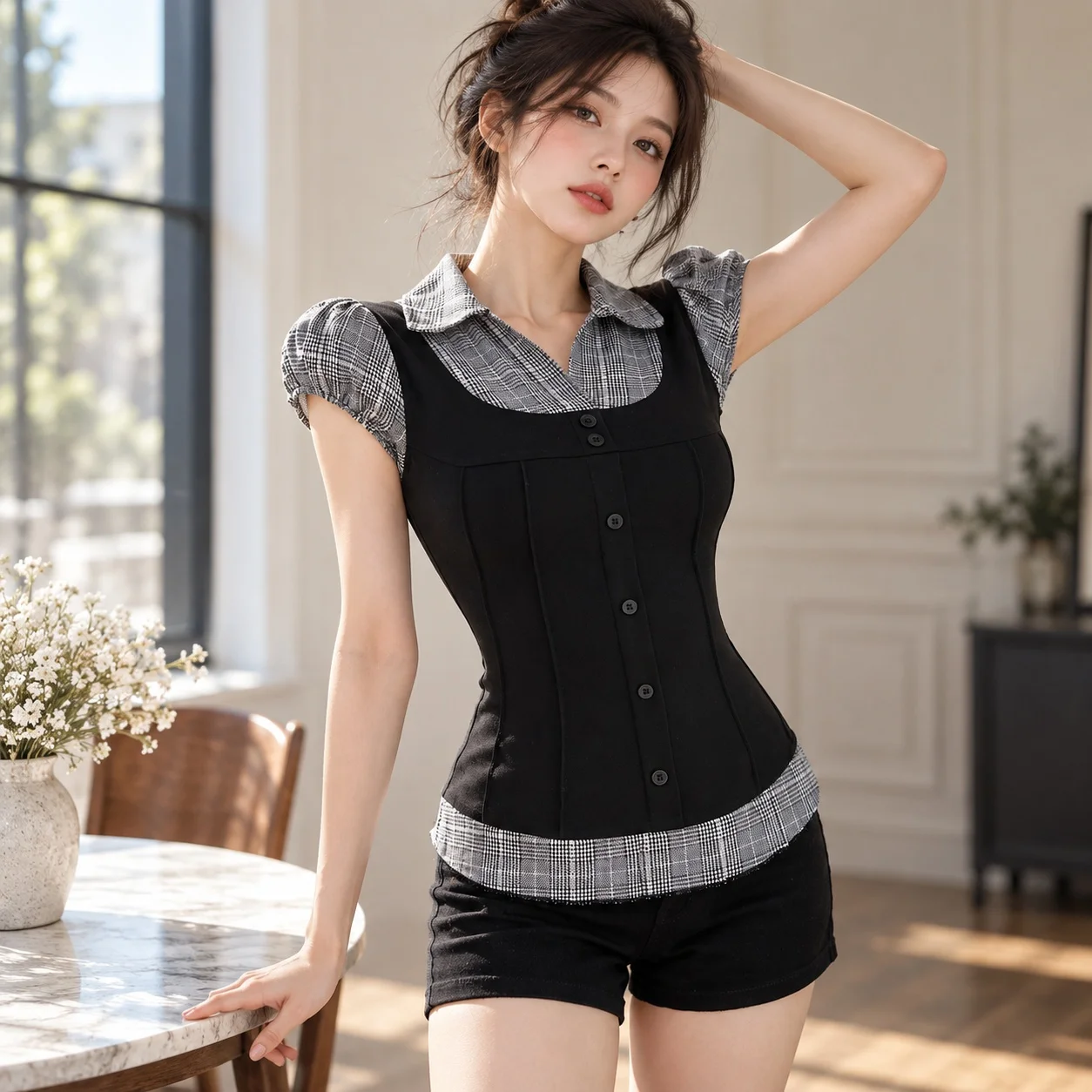 Slim Fit Short Sleeve Set with Patchwork T Shirt Western Style Streetwear Standard Length Notched Collar Sexy Summer for Women