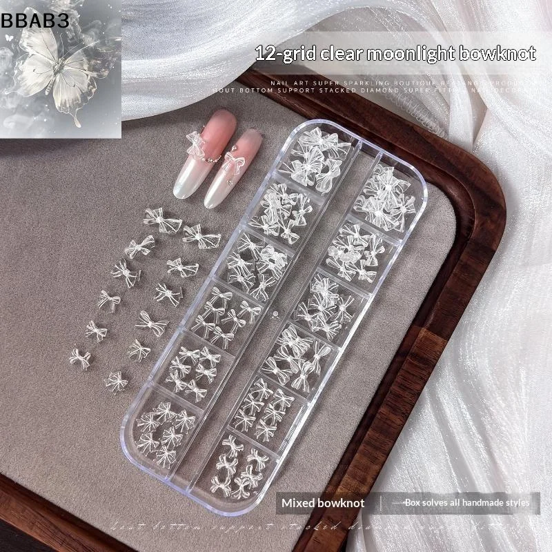 【B】1 Set Y2K Moon Bow Nail Rivet Studs 12 Grids Transparent 3D Bow Tie Nail Charms DIY Valentine's Day Manicure Decoration