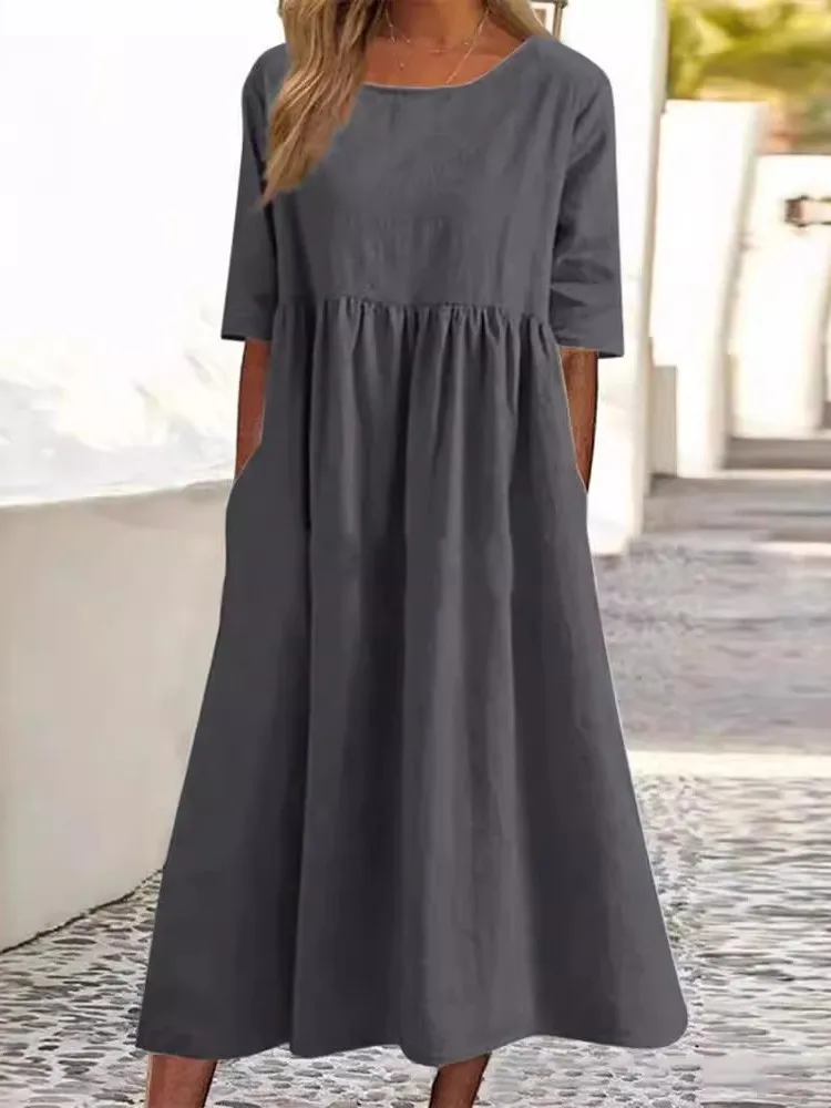 Casual Loose Long Solid Color Cotton Blend Long Dress For Women Spring Summer Fashion O Neck Half Sleeve Maxi Dresses Robe Femme