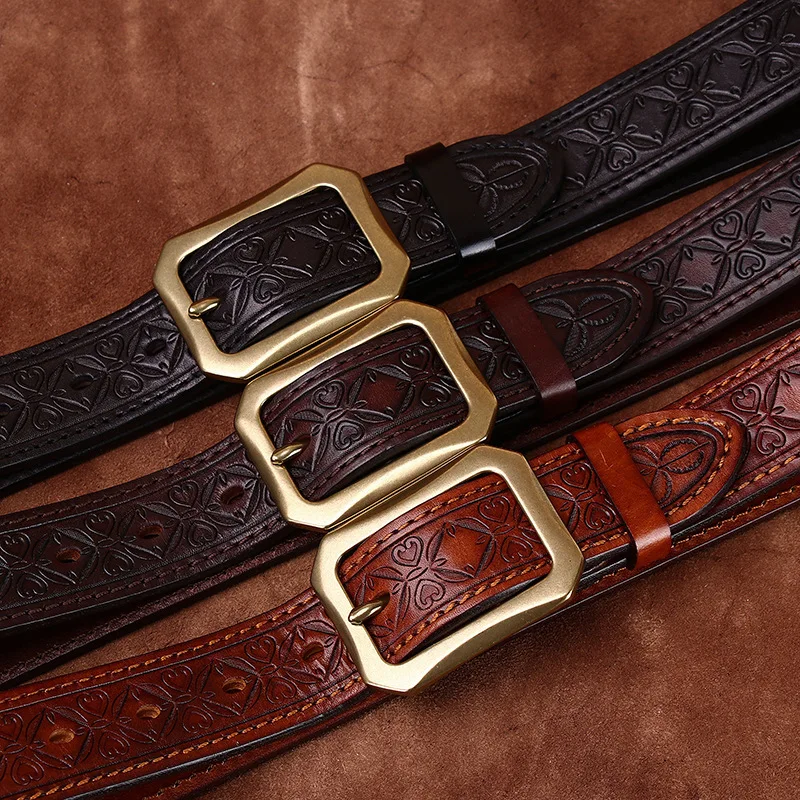 3.8CM Thick Cowhide Copper Buckle Genuine Leather Casual Jeans Belt Men High Quality Embossing Retro Luxury Male Strap Cintos