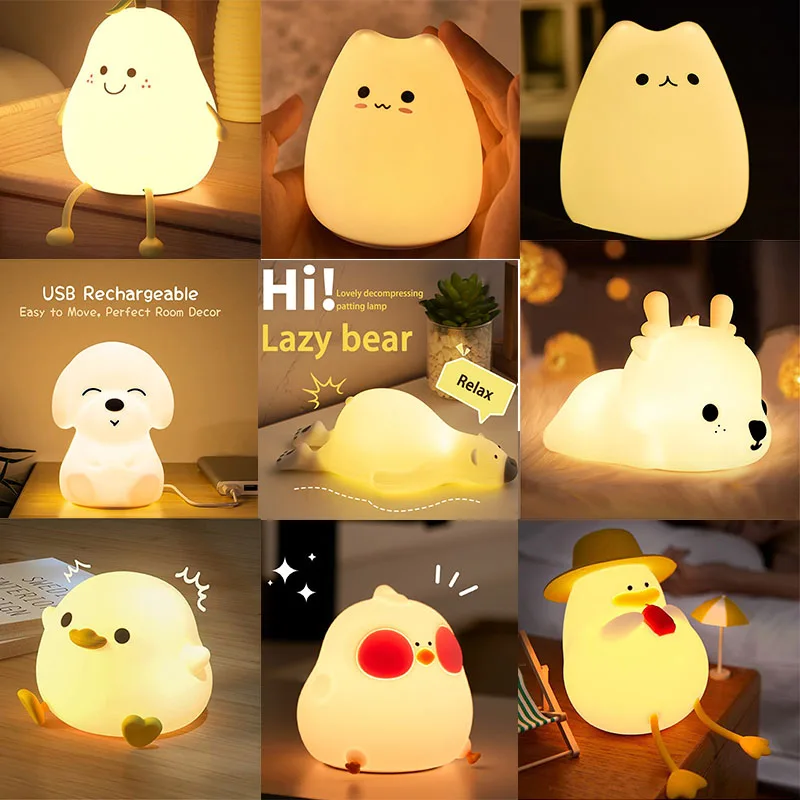 Cute Night Light for Kids Room Cartoon Silicone Led Night Light Dog Cat Deer Bear Duck Rechargeable USB Lamp Children Gift