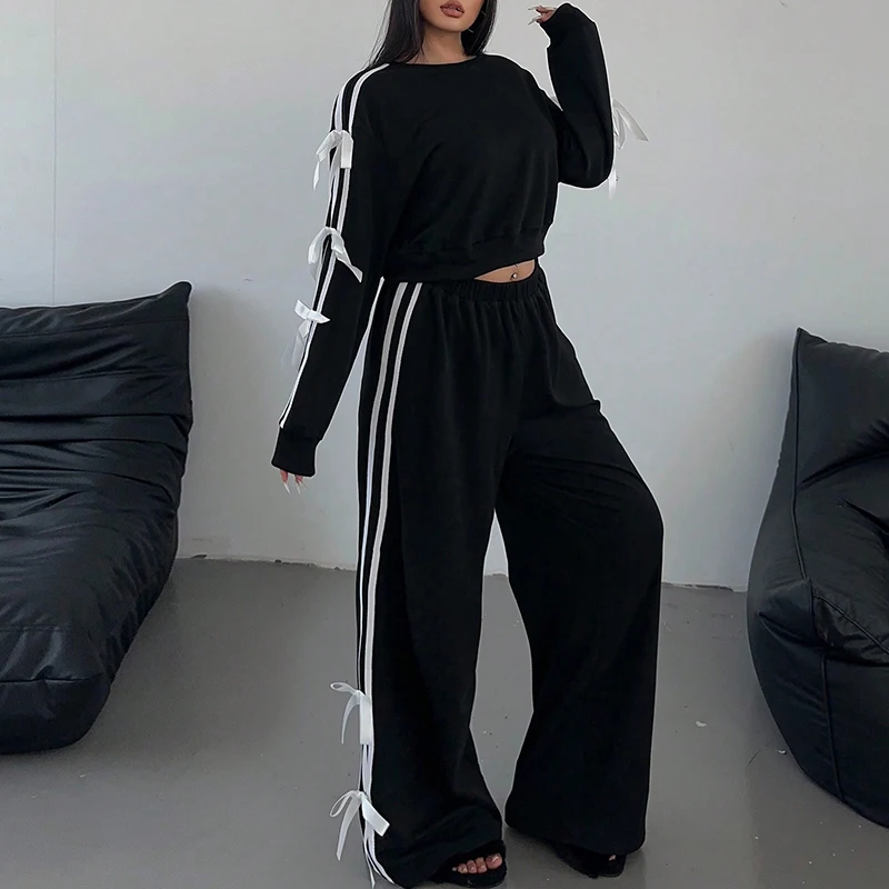 Women Casual Loose 2025 Outfits Elegant Spring Autumn Long Sleeved Blouse+Long Pants Suit Fashion Two Pieces Side Striped Sets