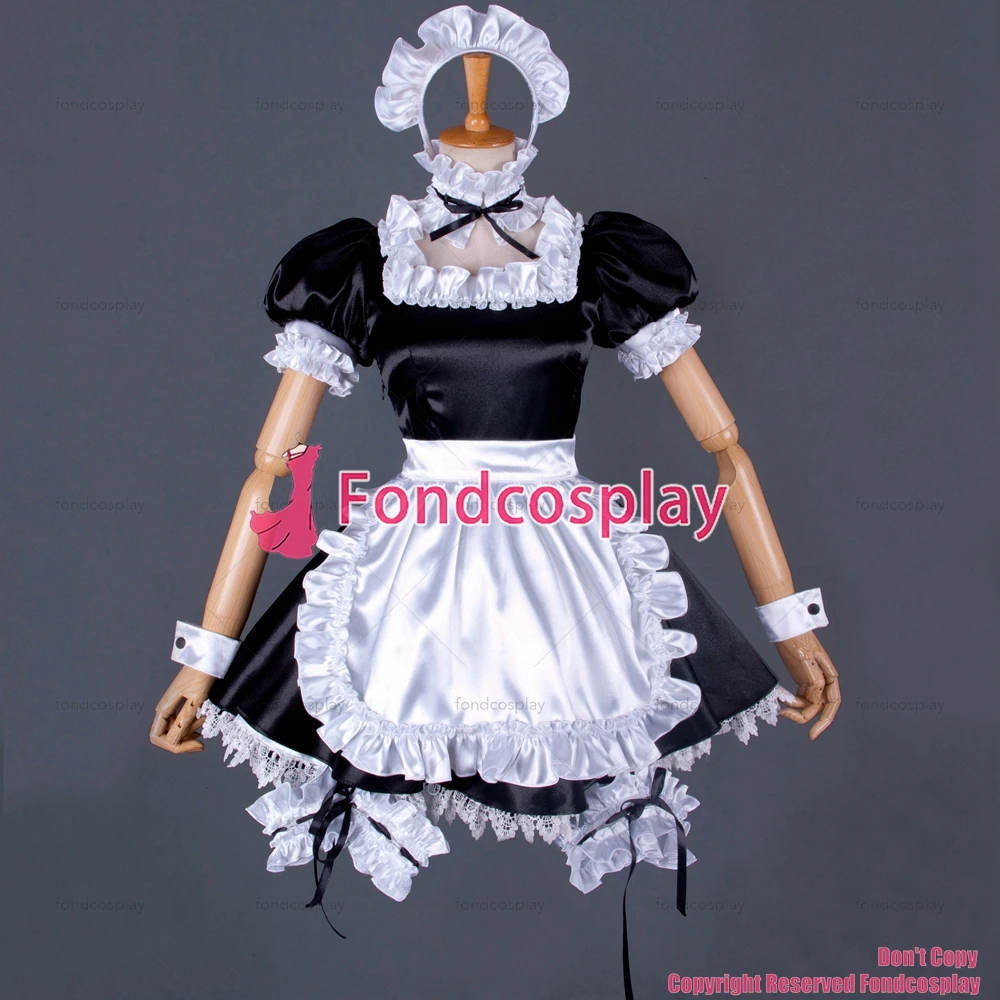 fondcosplay adult sexy cross dressing sissy maid Carnival Phantasm Saber black satin Dress white apron Costume Custom-made[G849]