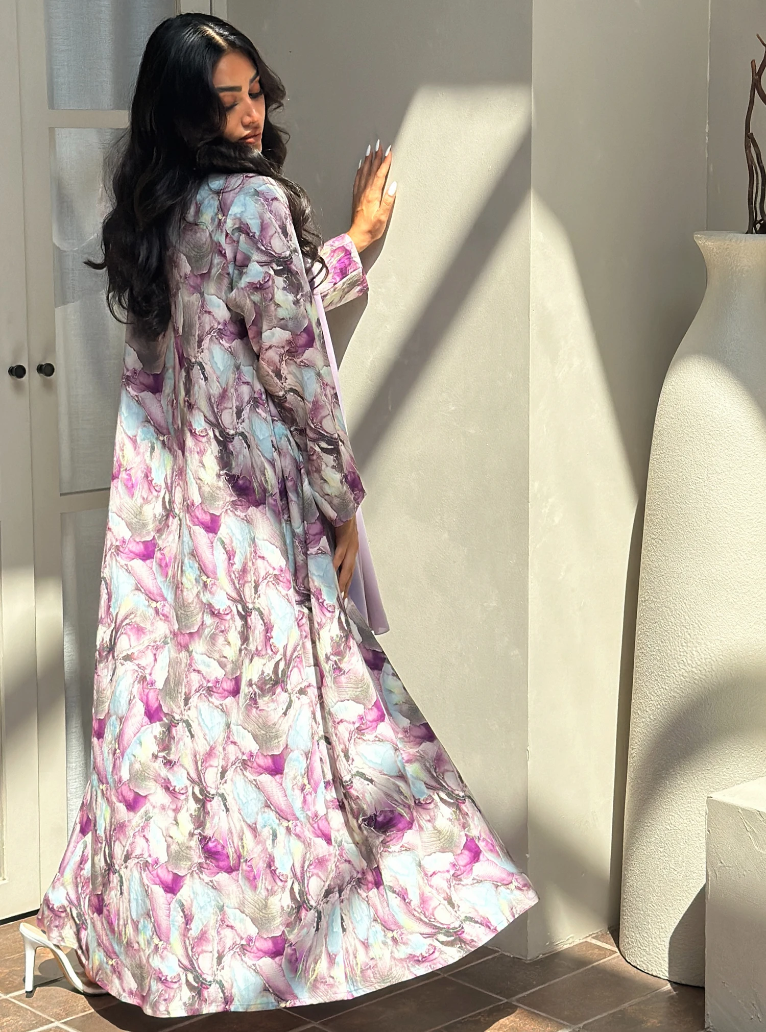 Middle Eastern Open Front Abaya+Hajib 2pcs Muslim Women Printed Floral Abayas Full Sleeve Kaftans Islamic Maxi Dresses Jilbabs