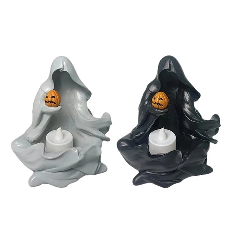 

Halloween Meditation Ghost Statue Resin Sculpture Pumpkin Candlestick Figurine Skeleton Ghost Ornament Home Decorative Figurines