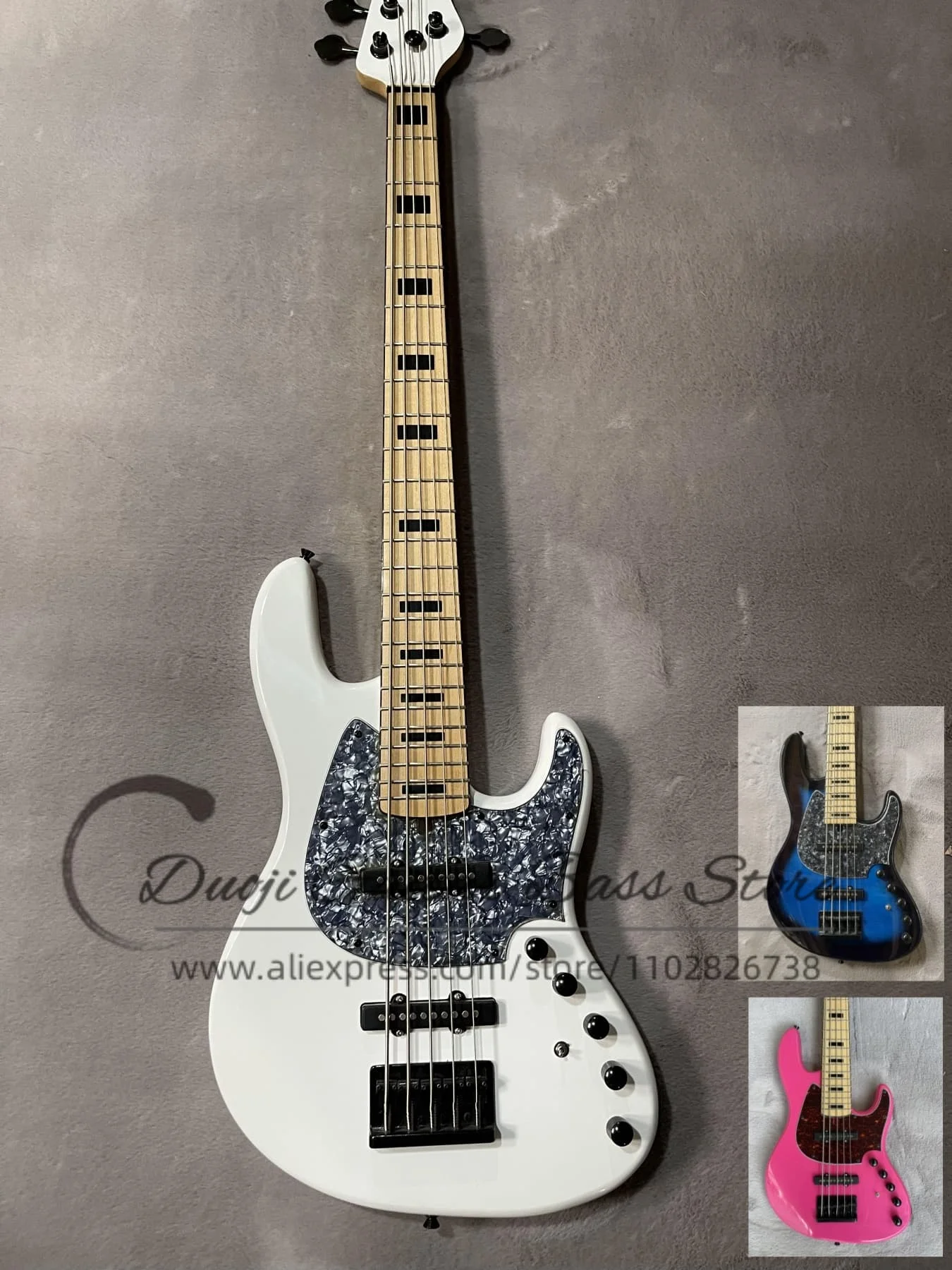 5-string white bass, black bridge, grey pearl pickup board, maple fingerboard, black inlaid active battery case, black hardware